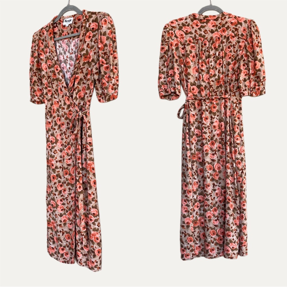 ROUJE Pink Tan Classic Retro Floral Printed Tea Rose Louisa Midi Wrap Dress 4/6 - Picture 6 of 14